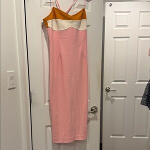 Finders Keepers Pink Slip Midi Dress with Mustard and Cream Bands